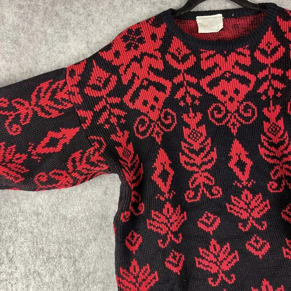 Vintage Yellow Rose Sweater Womens Medium Red Floral‎ Knit Artsy Hong Kong 80s